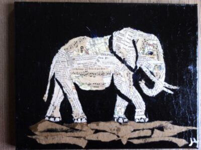 Collage et peinture acrylique noire Eléphant