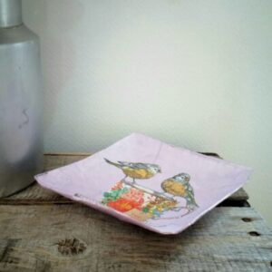 Coupelle décorative en papier mâché  – Décor deux oiseaux sur une tasse à thé