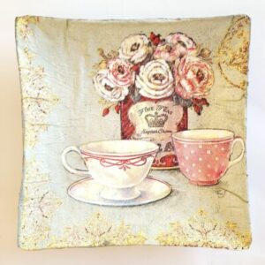Coupelle décorative en papier mâché  – Décor belles tasses à thé et fleurs