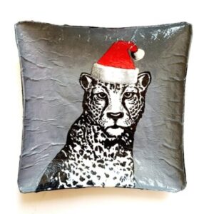 Coupelle carrée en papier mâché – Décor léopard noir et blanc avec chapeau de Père Noël