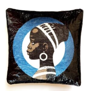 Coupelle carrée en papier mâché  – Décor profil de femme africaine sur fond bleu et noir